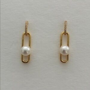 Real Pearl Paperclip Earrings|Gold Earrings|Real Pearl Earrings